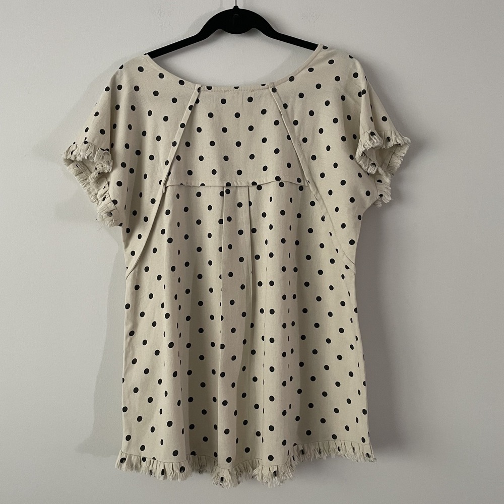 Umgee Linen Cotton Polka Dot Boxy Top Ivory Size S Canvas Fringe Twee Oversized - Picture 2 of 12
